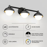 A three-light black wall sconce with round white glass shades is shown above feature icons highlighting: LED integrated, dimmable, 1500 lumens, 50,000 hours lifespan, easy installation, and selectable white temperature.