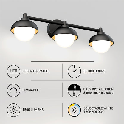 The Artika Boden LED mid-century bathroom vanity light features three round white globes, integrated LED (50,000 hours), 1500 lumens, dimmable, easy installation, and selectable white temperature with 5 CCT options.