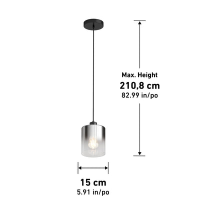 The Artika Haze pendant light features a cylindrical glass shade (15 cm/5.91 in diameter), black cord, and ceiling mount, with a maximum hanging height of 210.8 cm (82.99 in).