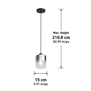 The Artika Haze pendant light features a clear glass shade (15 cm diameter) suspended from a black cord, with an adjustable maximum height of 210.8 cm.