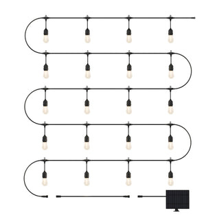 The Artika Eclipse Solar String Light with Remote features 15 evenly spaced bulbs in four horizontal rows with curved ends, powered by a solar panel shown at bottom right, against a white background.