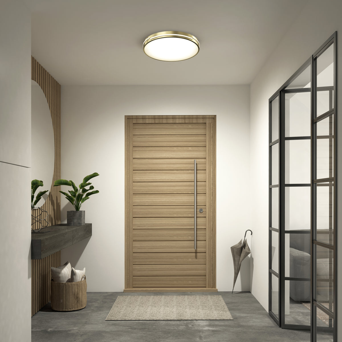 Modern entryway with a light wood door, Delray 15.7 in. LED modern flush mount light by Artika, gray rug, glass-panel wall, floating shelf with potted plants, decorative basket with pillows, and an umbrella in the corner.