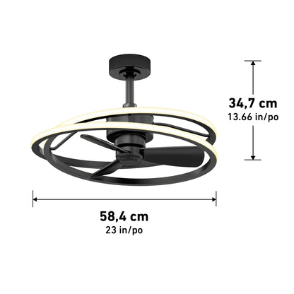 The Artika Coda 23 in. LED modern ceiling fan features three blades, a circular LED light kit, remote control, and measures 58.4 cm (23 in) wide by 34.7 cm (13.66 in) high.