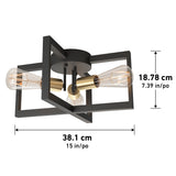 Modern ceiling light fixture with two exposed bulbs in a black and gold geometric frame. Dimensions are 38.1 cm (15 in) wide and 18.78 cm (7.39 in) tall.