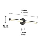 Modern wall-mounted light fixture with a cylindrical LED bar, shown with dimensions: 69 cm (27.2 in) wide, 13 cm (5.1 in) tall, and 7.5 cm (3 in) deep. White background.