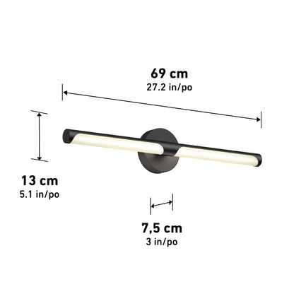 The Artika Ilona LED bathroom vanity light 5 CCT in black is a wall-mounted fixture with a cylindrical bar, measuring 69 cm (27.2″) wide, 13 cm (5.1″) tall, and 7.5 cm (3″) deep. Measurement labels show centimeters and inches.