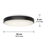 Round, black-edged ceiling light fixture with a white diffuser, measuring 26 cm (10.24 in) in diameter and 8 cm (3.15 in) in height.
