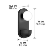 A modern black wall sconce with a round white bulb at the top. The fixture measures 31 cm (12.20 in) high, 13.2 cm (5.20 in) wide, and 13 cm (5.12 in) deep, with dimensions labeled on the image.