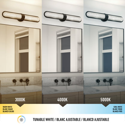 A bathroom mirror is shown under three different light settings: warm white (3000K), neutral white (4000K), and cool white (5000K), demonstrating adjustable color temperatures from a wall-mounted LED light.