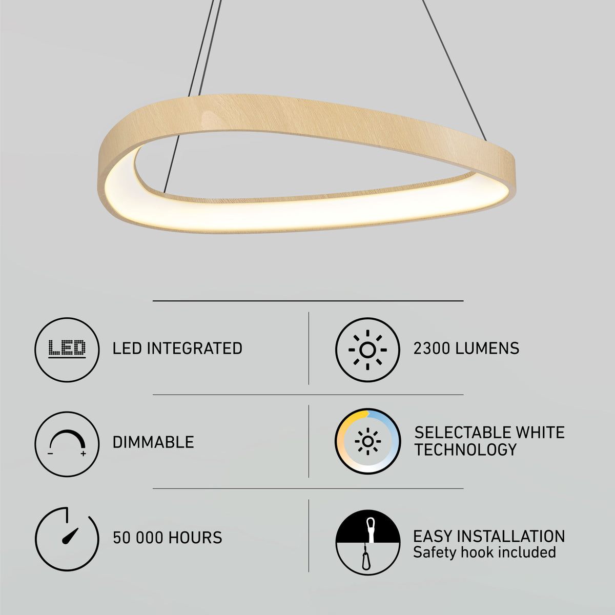 A modern, oval-shaped hanging LED light fixture with icons and text highlighting its features: LED integrated, 2300 lumens, dimmable, 50,000-hour lifespan, selectable white technology, and easy installation.