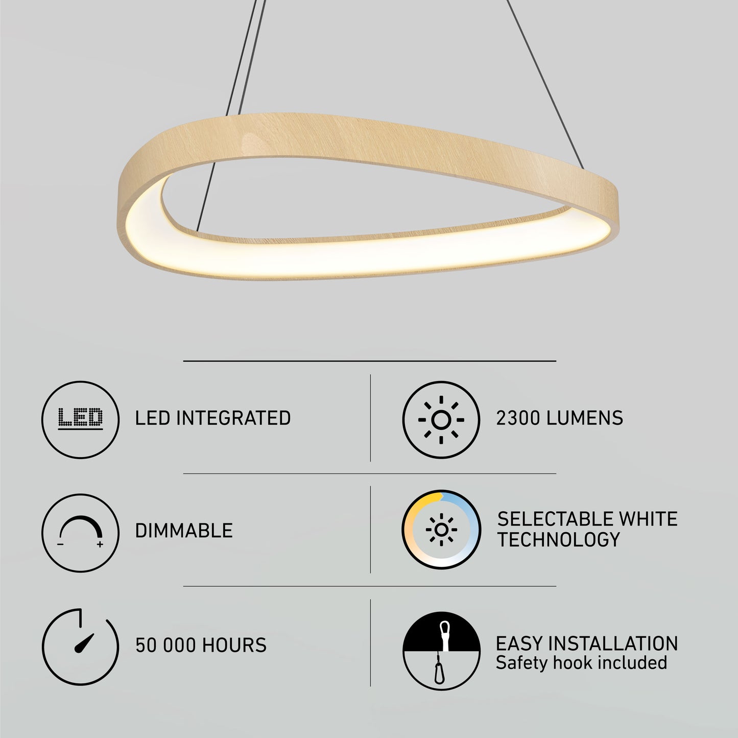 The Artika Bjorn modern LED pendant light 5 CCT in wood finish hangs from the ceiling. Features: integrated LED, 2300 lumens, dimmable, selectable white (5 CCT), 50,000-hour lifespan, and easy installation.