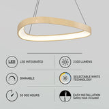 A modern, oval-shaped hanging LED light fixture with icons and text highlighting its features: LED integrated, 2300 lumens, dimmable, 50,000-hour lifespan, selectable white technology, and easy installation.