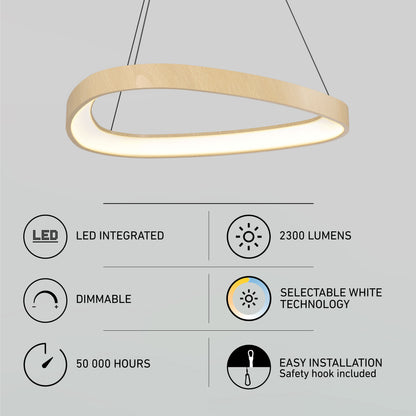 The Artika Bjorn modern LED pendant light 5 CCT in wood finish hangs from the ceiling. Features: integrated LED, 2300 lumens, dimmable, selectable white (5 CCT), 50,000-hour lifespan, and easy installation.