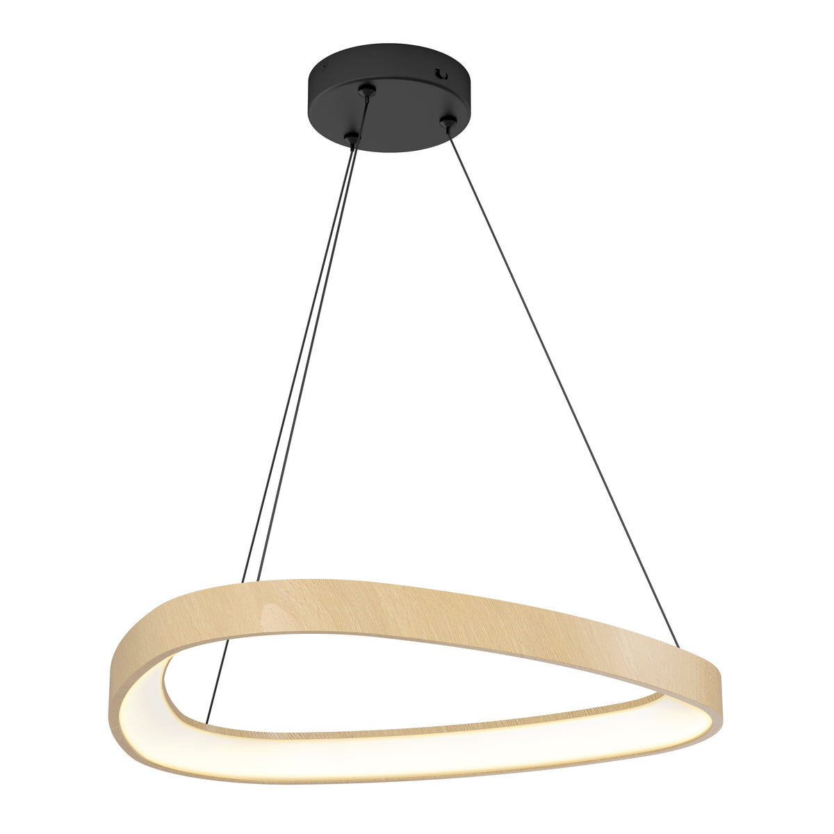 A modern, oval-shaped pendant light with a wooden frame and integrated LED, suspended from a round black ceiling mount by three thin black cables.