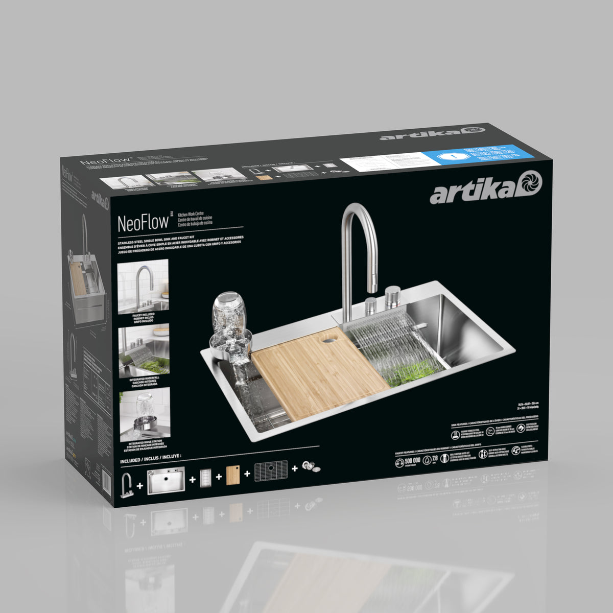 Box for Artika NeoFlow kitchen sink showing a stainless steel sink with a faucet, soap dispenser, bamboo cutting board, and drying rack. Packaging features product images, descriptions, and installation details.