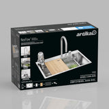 Box for Artika NeoFlow kitchen sink showing a stainless steel sink with a faucet, soap dispenser, bamboo cutting board, and drying rack. Packaging features product images, descriptions, and installation details.