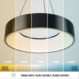 A modern circular pendant light is shown with five sections, each displaying a different color temperature from warm white (2,700K) to cool white (5,000K). Labels and translations appear below each section.
