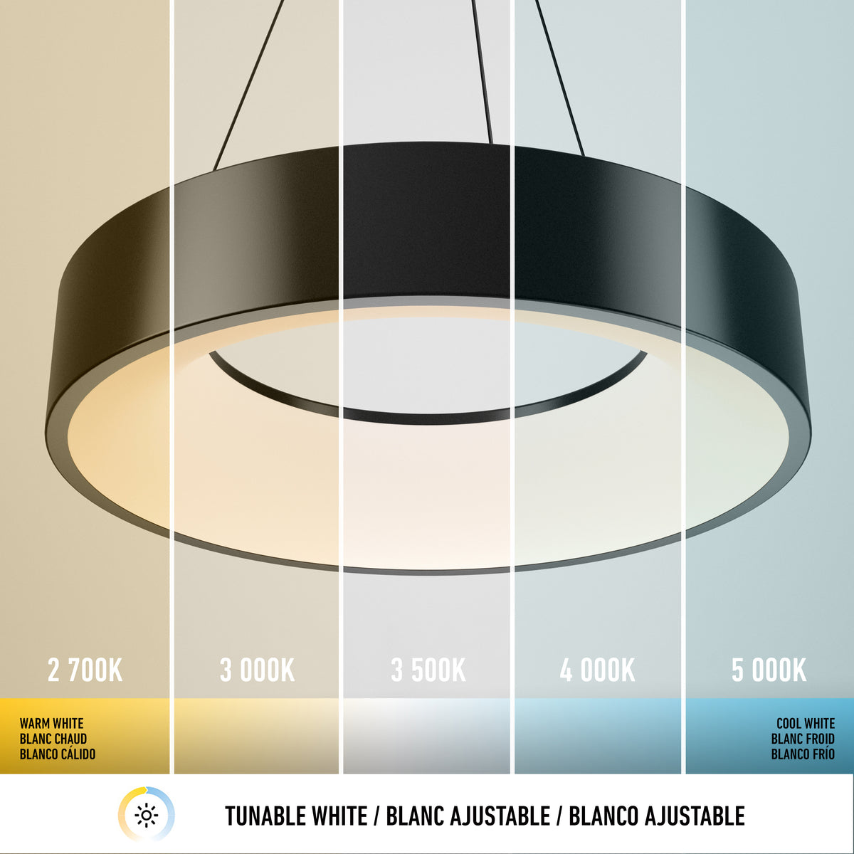 The Artika Aiden LED pendant light features five color temperatures from warm white (2700K) to cool white (5000K), with each section labeled in English, French, and Spanish.
