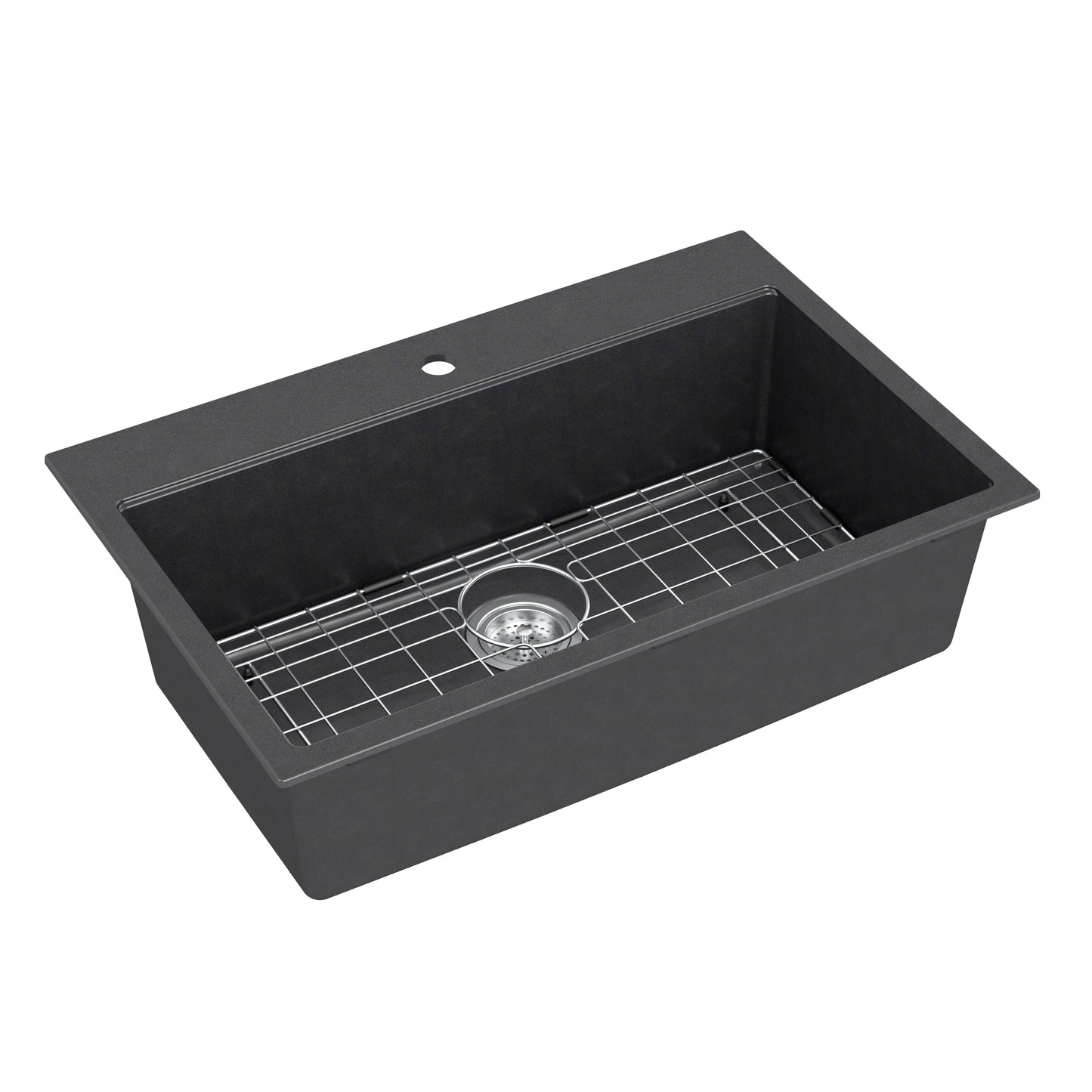 Artika Baycrest 33 in. single bowl black sink with bottom metal grid and central drain hole.