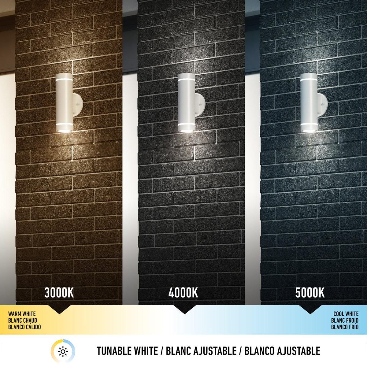Three wall-mounted lights on a brick wall show three different color temperatures: warm white (3000K), neutral white (4000K), and cool white (5000K), illustrating tunable white lighting options.