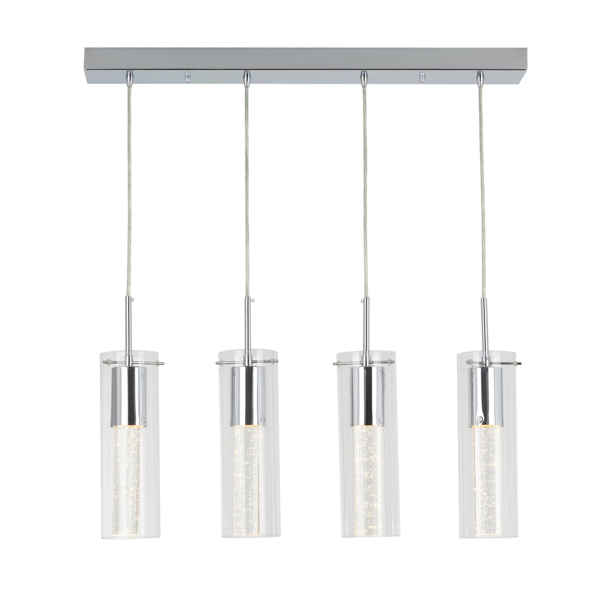 The Artika Bubble Flow 4-light pendant features four cylindrical glass pendants with silver metal accents, suspended in a row from a rectangular metal base. Each pendant showcases unique bubble-like details inside.