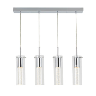 The Artika Bubble Flow 4-light pendant features four cylindrical glass pendants with silver metal accents, suspended in a row from a rectangular metal base. Each pendant showcases unique bubble-like details inside.