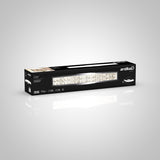 Box of Artika Glitter LED vanity light, featuring a rectangular design with sparkling crystal accents, shown against a light gray background with a soft reflection below the box.