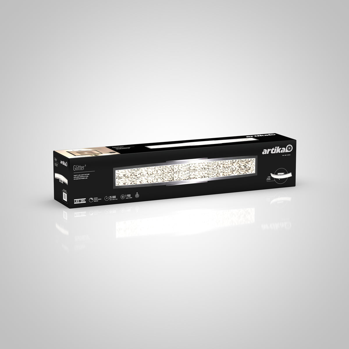 A rectangular black box of the Artika Glitter 27-in (69 cm) Integrated LED Vanity Light Bar for Bathroom is shown against a light gray background, featuring the modern fixture and product details in white text.