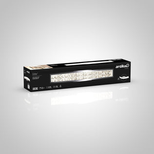 A rectangular black box of the Artika Glitter 27-in (69 cm) Integrated LED Vanity Light Bar for Bathroom is shown against a light gray background, featuring the modern fixture and product details in white text.
