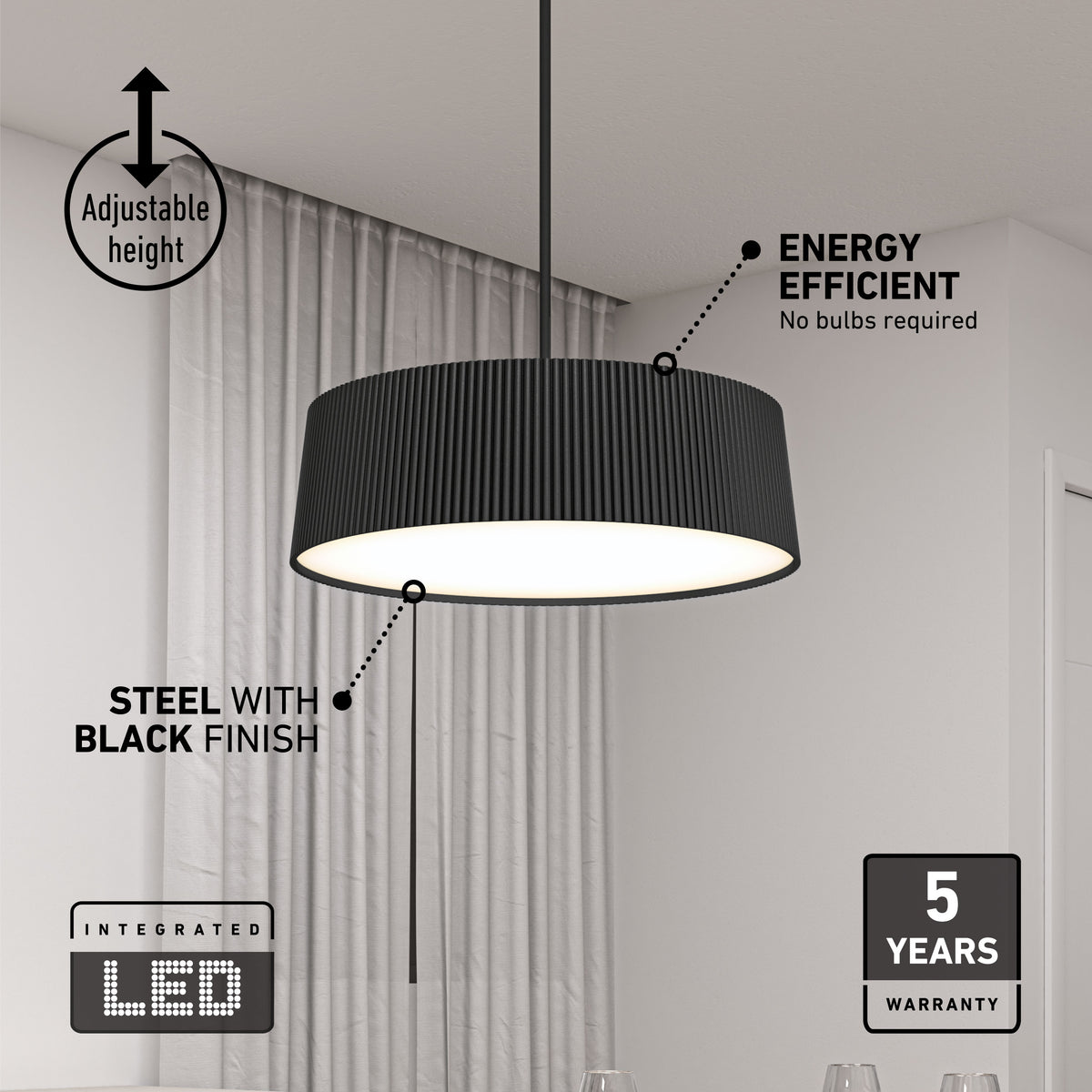 The Artika Groove Drum LED contemporary pendant light features a modern ribbed black steel design, adjustable height, integrated energy-efficient LED with 3 CCT, and comes with a 5-year warranty—perfect for rooms with white curtains.