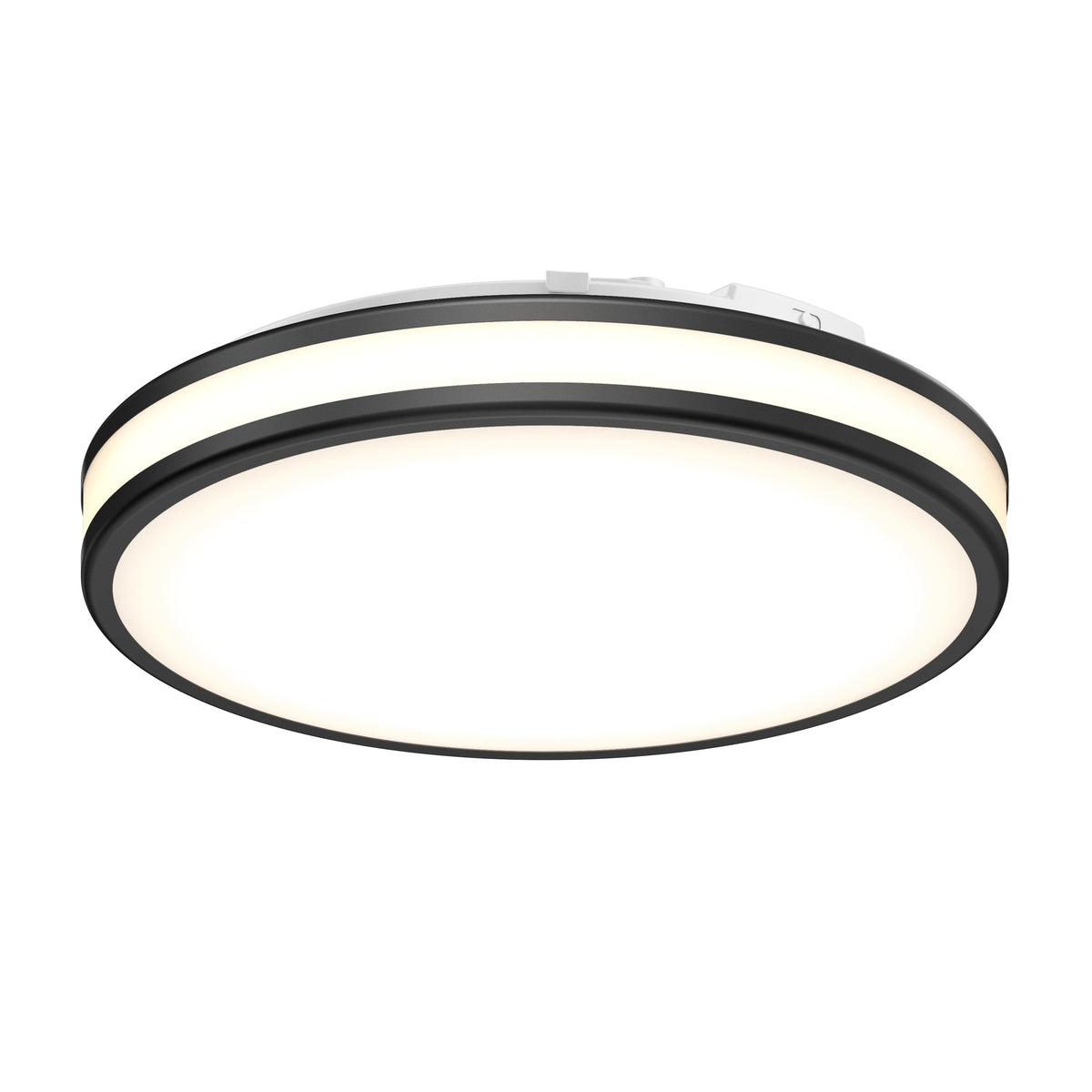 The Artika Hemisphere 15 in. LED flush mount light 5 CCT features a modern round design with adjustable brightness, black trim, and glowing white center, shown from an angle against a white background.