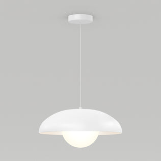 The Artika Boden LED modern mid-century pendant light 3 CCT features a white dome shade and round glowing bulb, suspended by a thin cord against a plain light gray background.