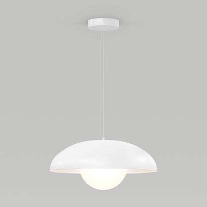 The Artika Boden LED modern mid-century pendant light 3 CCT features a white dome shade and round glowing bulb, suspended by a thin cord against a plain light gray background.