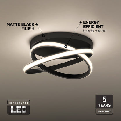 Orbia 14 in. (36 cm) Modern LED Flush Mount Ceiling Light 3 CCT featuring a round black flush mount design with two intersecting LED rings.