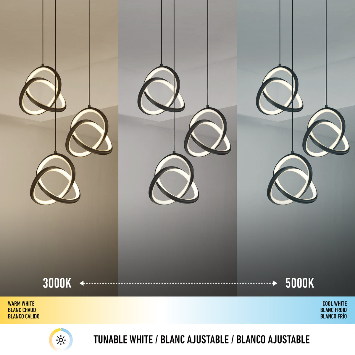The Artika Zephyr 3-light LED pendant is shown in three color temperatures: warm white (3000K) on the left, neutral white in the center, and cool white (5000K) on the right, illustrating tunable white lighting.