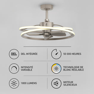 Artika Coda 23 in. LED modern fandelier ceiling fan with a quiet motor, 1800-lumen dimmable light, 50,000-hour lifespan, and remote control.