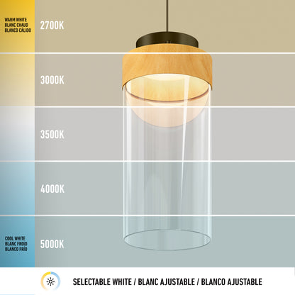 The Artika Hanson 1-light LED pendant features a wood accent, shown against a gradient from warm white (2700K) to cool white (5000K), highlighting its selectable 5 CCT color temperatures labeled in English, French, and Spanish.
