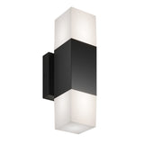 A modern wall sconce with a rectangular black center and frosted white rectangular ends, mounted on a small black square base.