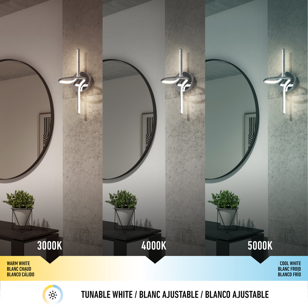 The Artika Swirl LED Sconce displays adjustable white light at 3000K (warm), 4000K (neutral), and 5000K (cool), illuminating a round mirror and small plant on a cabinet below.
