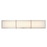 A modern rectangular wall sconce with a frosted white glass panel and a brushed metal frame, featuring two vertical metal accents dividing the fixture into three sections.