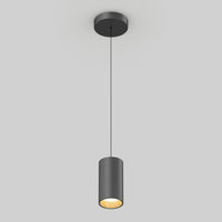 The Artika Alton mini LED pendant light 5 CCT features a sleek black cylindrical design, suspended by a slim cord, casting a warm glow against a light gray background.