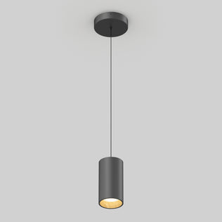 The Artika Alton mini LED pendant light 5 CCT features a sleek black cylindrical design, suspended by a slim cord, casting a warm glow against a light gray background.