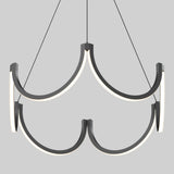 A modern chandelier with two tiers of curved, black metal arms, each forming a semicircle and lined with integrated LED lights, suspended by thin black wires against a light gray background.