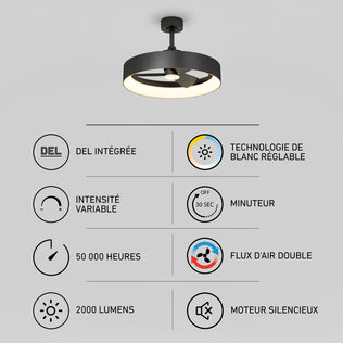 Austin 23 in. (59 cm) LED modern fandelier ceiling fan with light, shown with eight icons detailing features like LED, adjustable light, and timer.