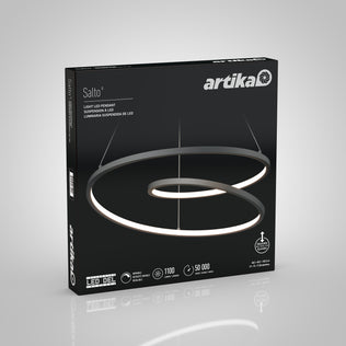 A black box displays the Artika Salto LED pendant light, a modern spiral-shaped fixture. The package shows 1100 lumens, 50,000-hour lifespan, and icons for dimmable and energy-efficient features.