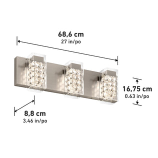 The Artika Crystal Cube LED bathroom vanity light 5 CCT features three crystal-like shades on a brushed metal base, measuring 68.6 cm (27 in) wide, 16.75 cm (6.6 in) high, and 8.8 cm (3.4 in) deep. Measurements shown in cm and inches.