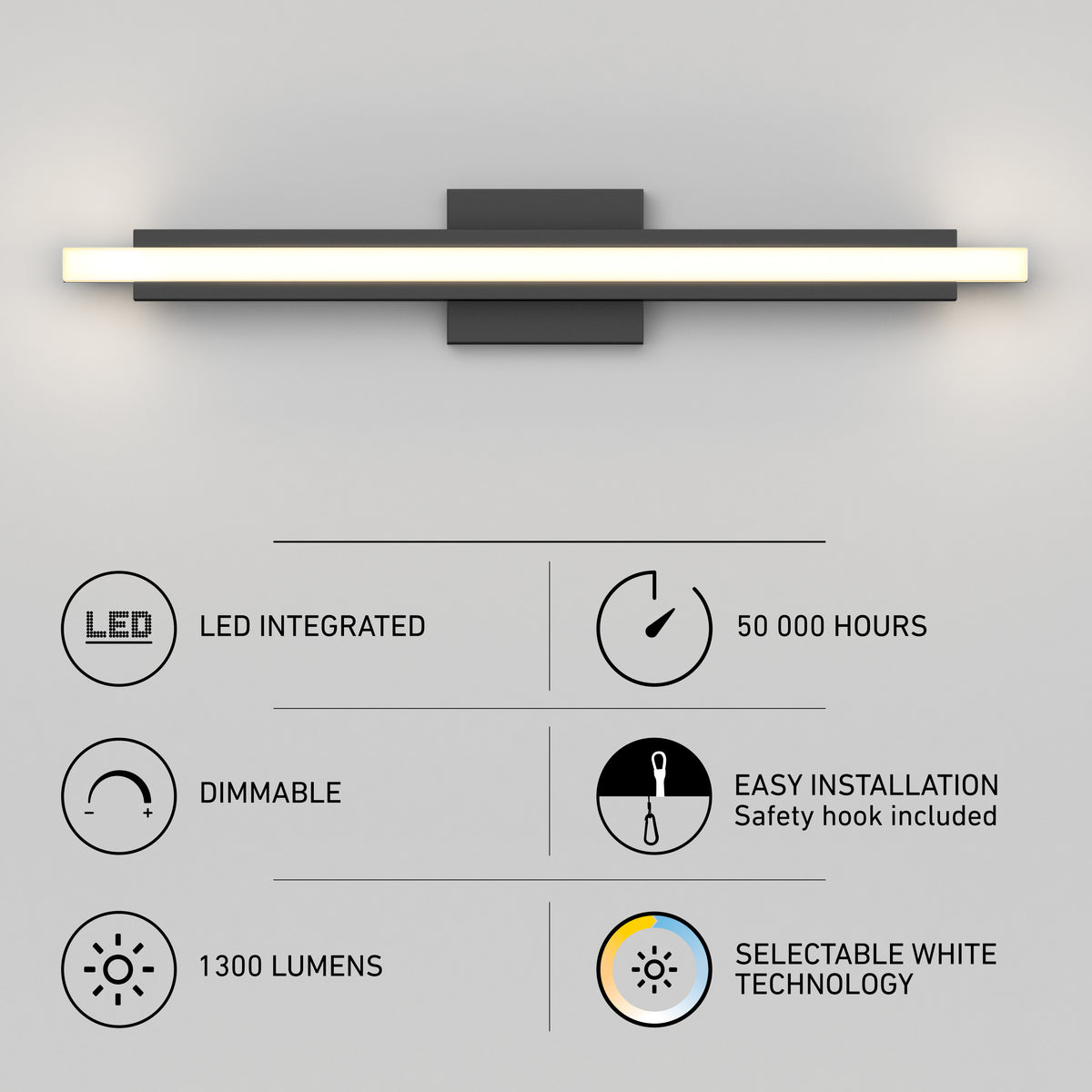A modern wall-mounted LED light bar with icons and text below highlighting features: LED integrated, 50,000 hours lifespan, dimmable, easy installation, 1300 lumens, and selectable white color temperature.