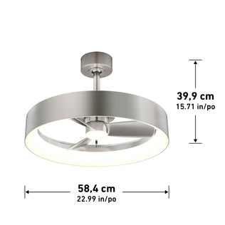 The Artika Austin 23 in. LED modern ceiling fan features a metallic finish, circular light, three blades, quiet motor, and remote control. Dimensions: 39.9 cm (height) x 58.4 cm (width).