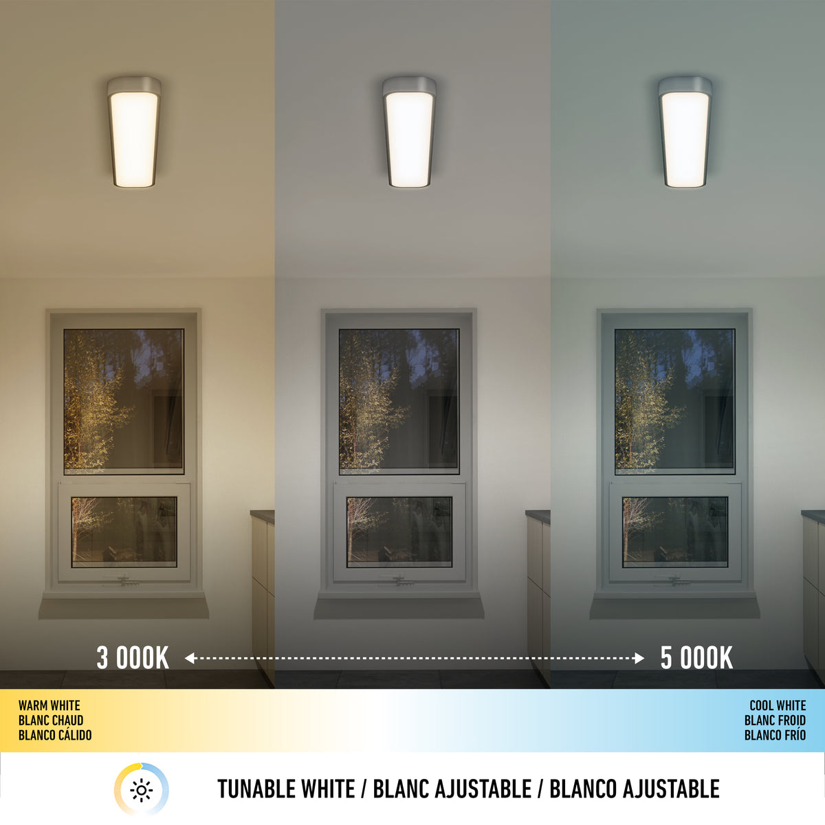 Three images show the Artika Europa 36 LED flush mount light at different color temps: warm white (left, 3000K), neutral (center), and cool white (right, 5000K), with color labels and a temperature scale below. Includes remote control.