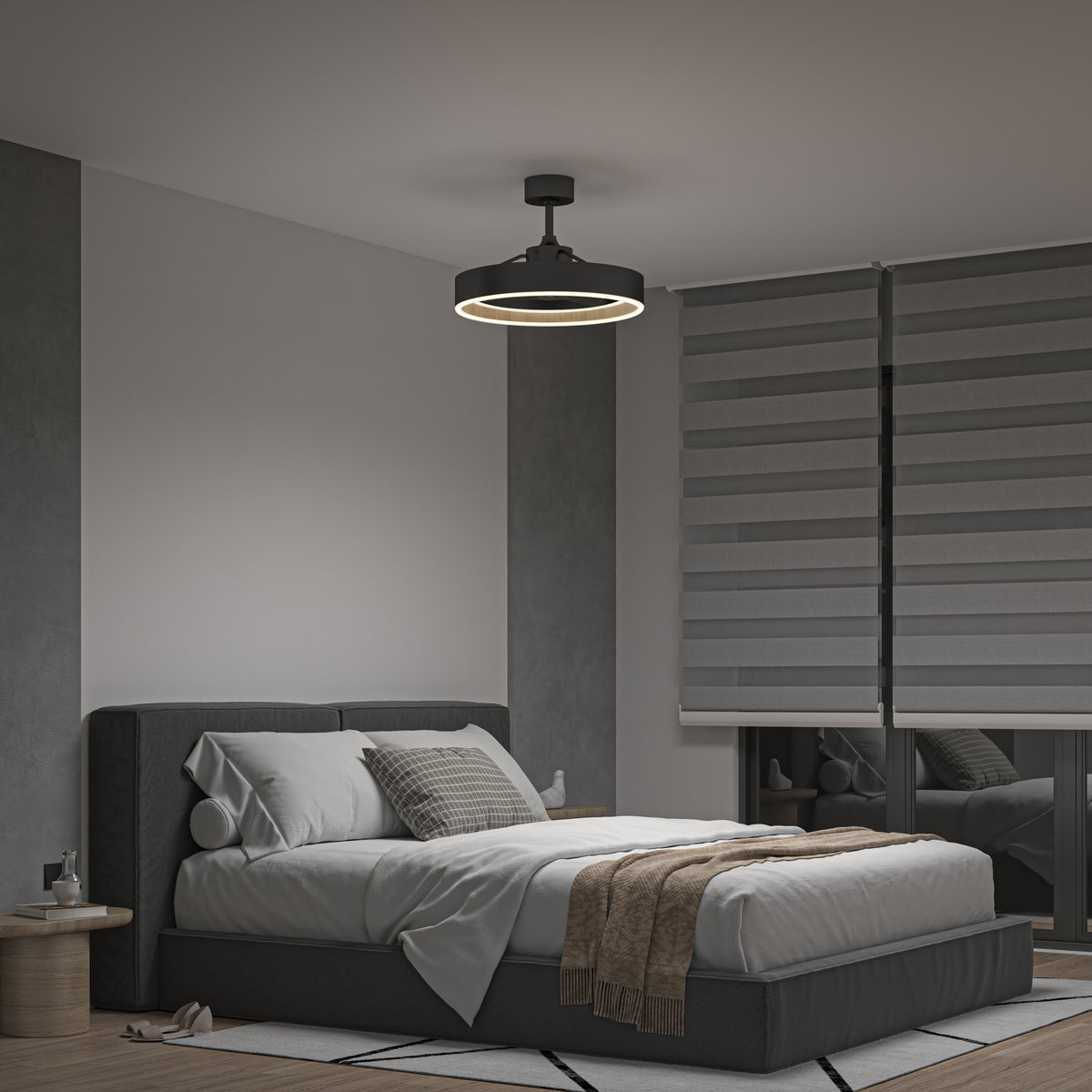 A modern bedroom features a gray upholstered bed, white bedding, brown throw, round bedside tables, a large window with layered gray blinds, and is lit by the Artika Alton 24 in. LED modern ceiling fan with remote. Décor uses neutral tones and minimalist style.